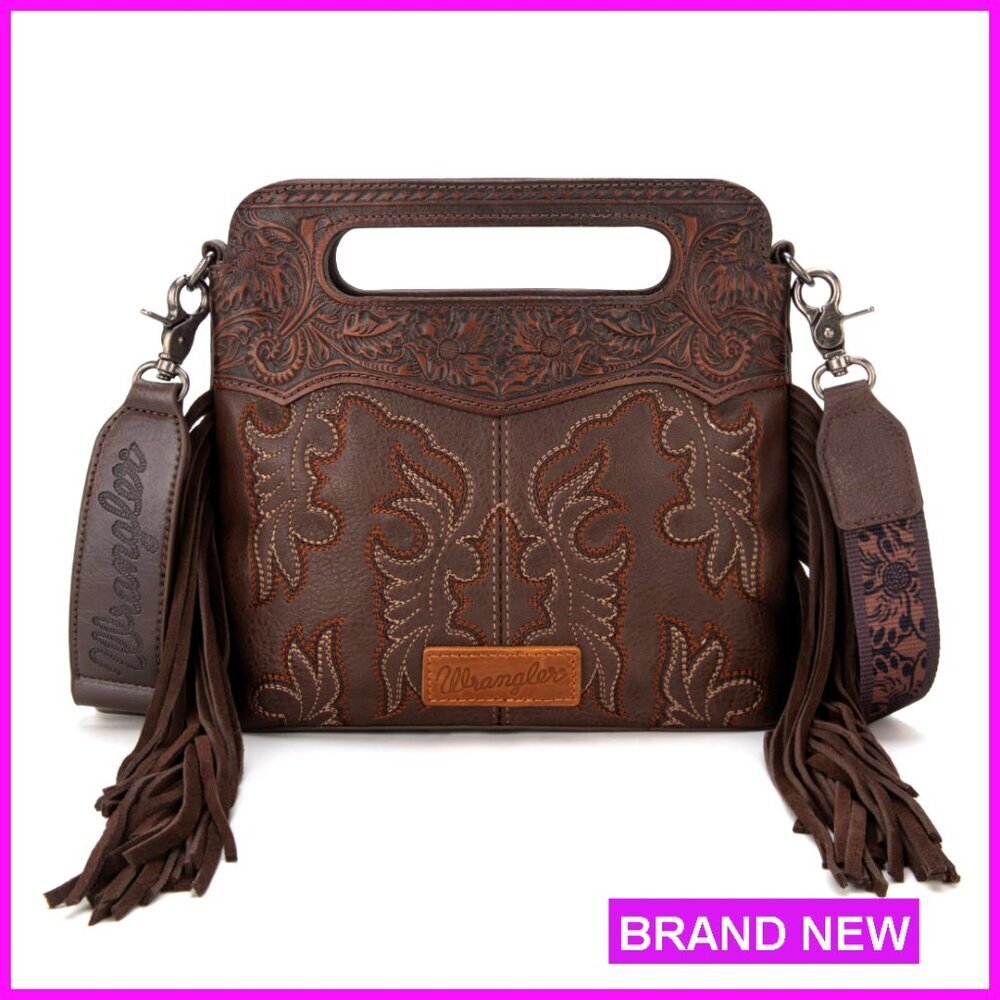 Western Fringe Crossbody Bag Embroidered Tooled Leather Top Handle Handbag